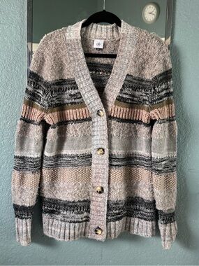 CAbi Striped Open-Knit Cardigan in Taupe, Gray & Cream